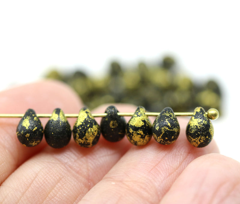 5x7mm Jet black teardrops pressed czech glass beads, Gold wash