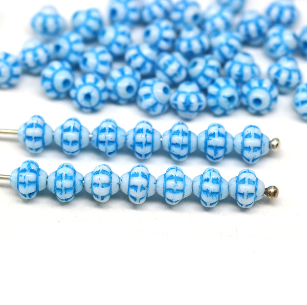 6mm Blue white fancy bicone Czech glass pressed beads, 50pc