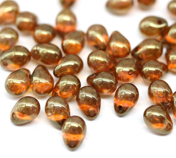 5x7mm Brown Pink teardrops pressed czech glass beads