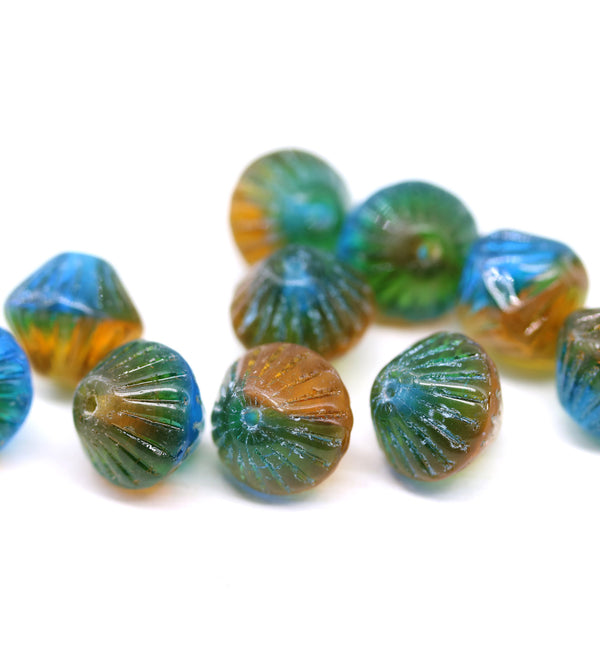 11mm Blue green yellow czech glass bicone beads, 10pc