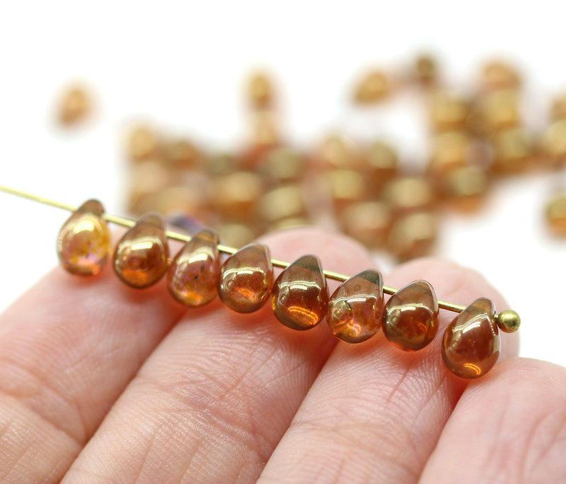 5x7mm Brown Pink teardrops pressed czech glass beads