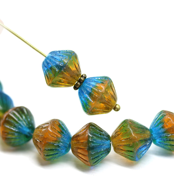 11mm Blue green yellow czech glass bicone beads, 10pc