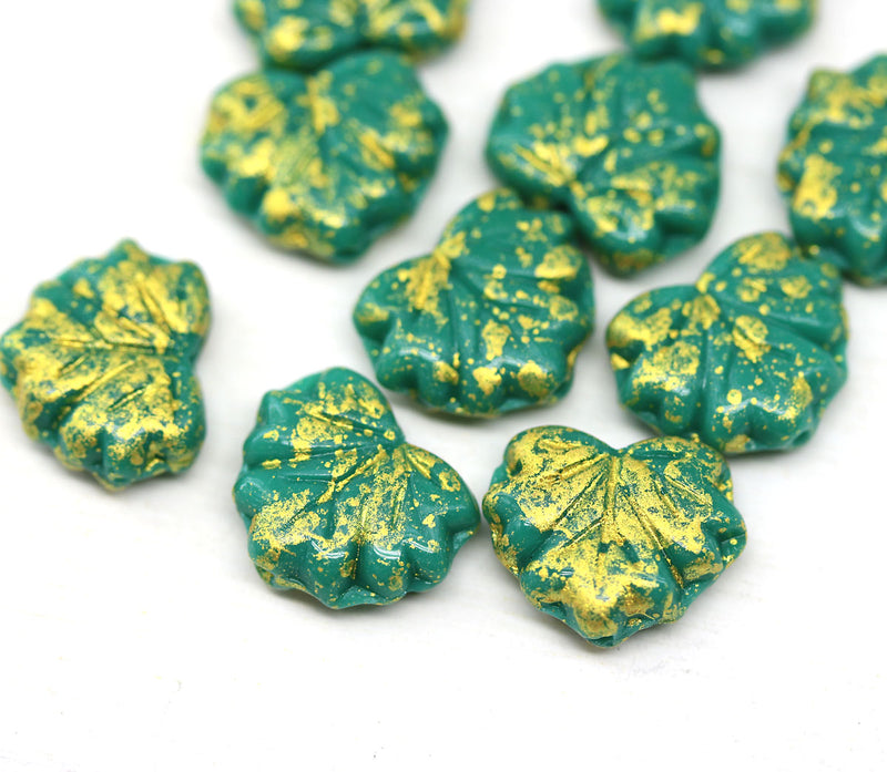 11x13mm Turquoise green maple leaf beads, gold wash