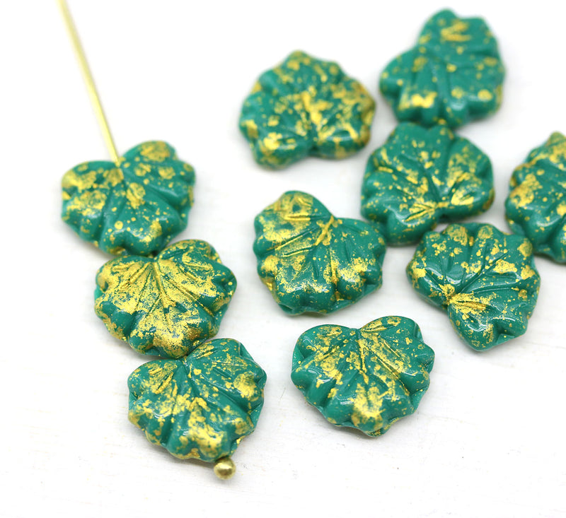 11x13mm Turquoise green maple leaf beads, gold wash