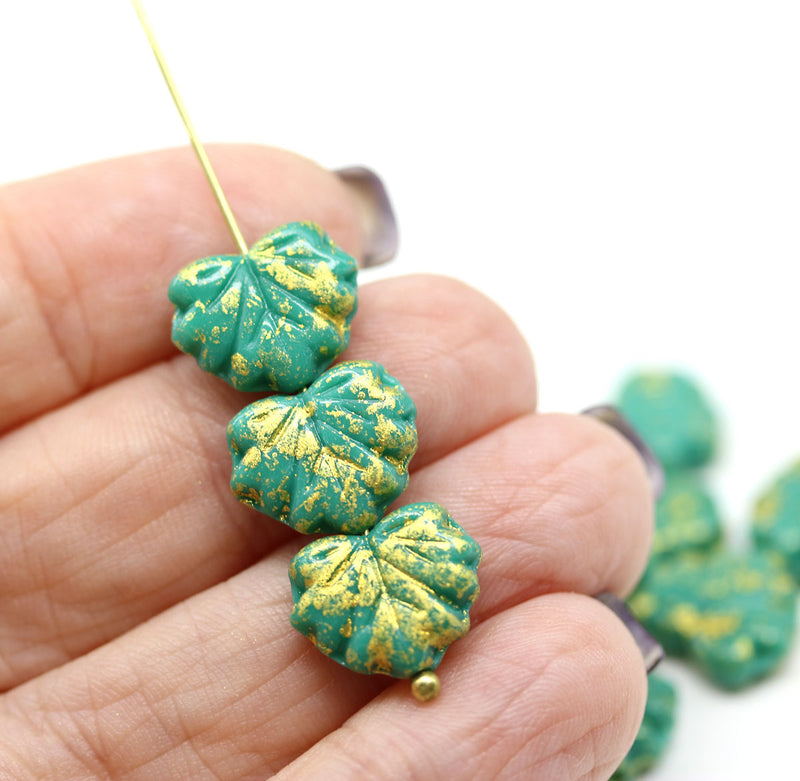 11x13mm Turquoise green maple leaf beads, gold wash