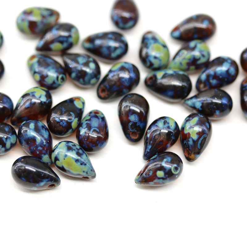 6x9mm Dark Brown Picasso czech glass teardrop beads 30pc