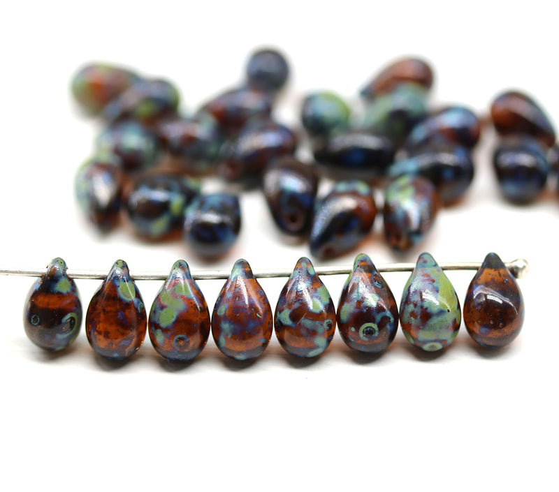 6x9mm Dark Brown Picasso czech glass teardrop beads 