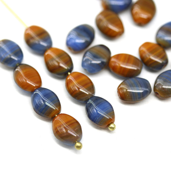 9x7mm Blue orange oval Czech glass beads 20pc