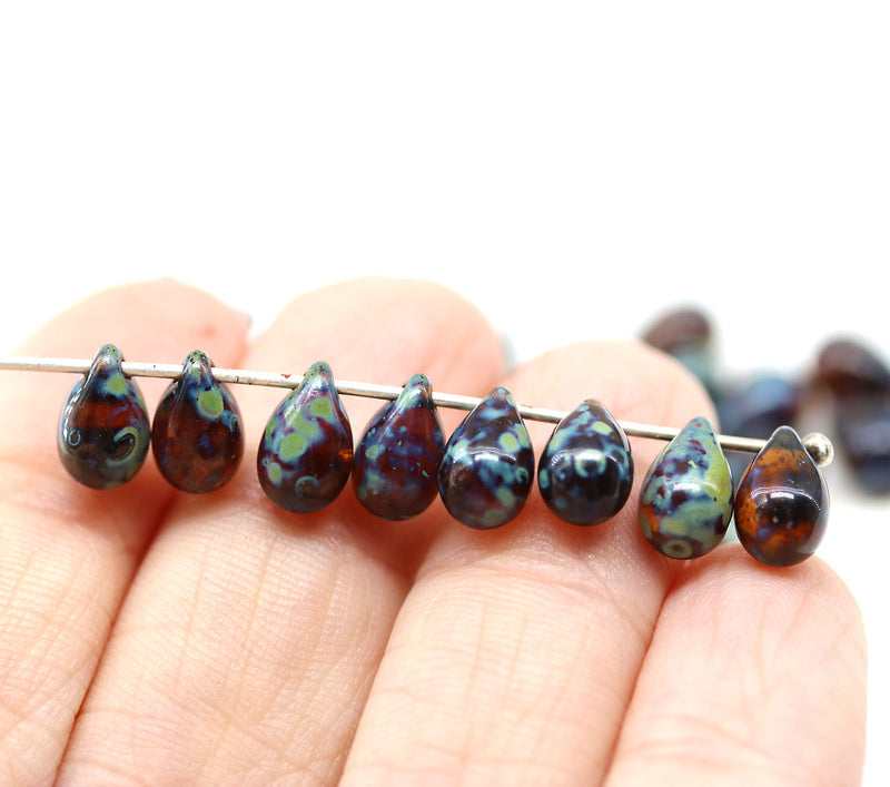 6x9mm Dark Brown Picasso czech glass teardrop beads 