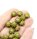 9mm Green picasso czech glass daisy beads copper inlays 
