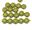 9mm Green picasso czech glass daisy beads copper inlays 