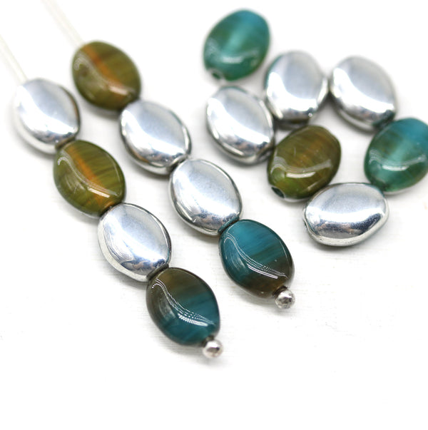 9x7mm Yellow blue oval Czech glass beads 20pc