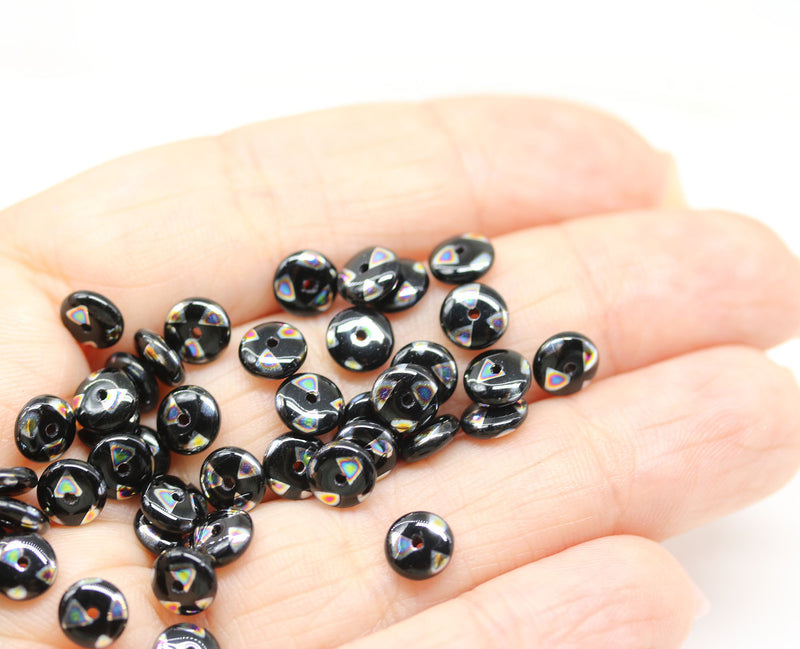 6mm Black czech glass rondelle spacer beads, geometry ornament, 50pc