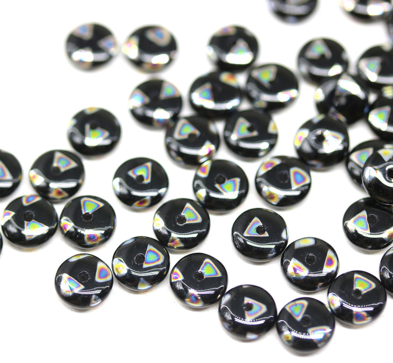 6mm Black czech glass rondelle spacer beads, geometry ornament, 50pc
