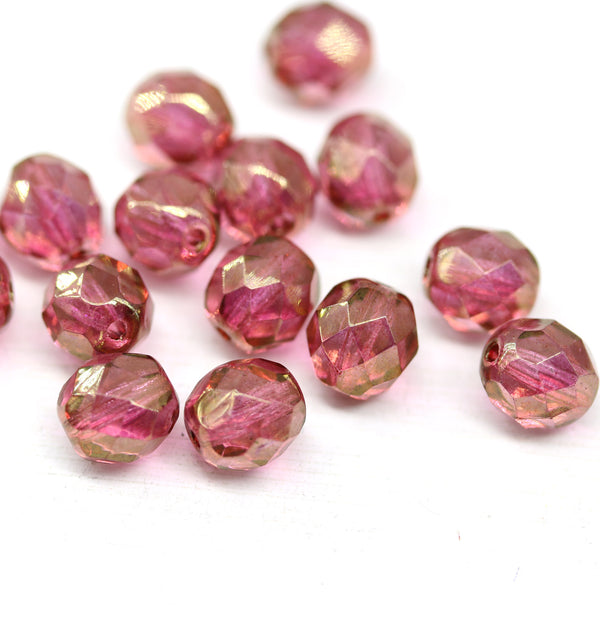 8mm Rose pink Czech glass round fire polished beads goldish luster 15Pc