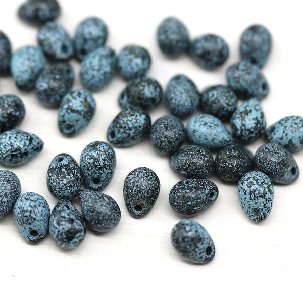 5x7mm Jet black teardrops pressed czech glass beads, Blue wash 