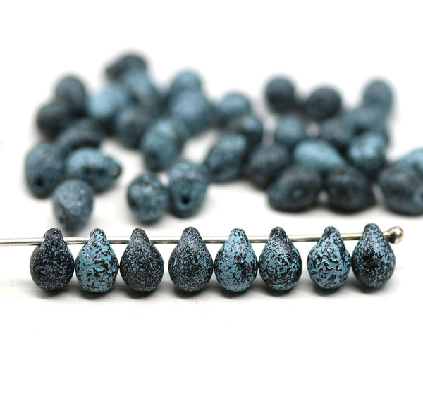 5x7mm Jet black teardrops pressed czech glass beads, Blue wash 