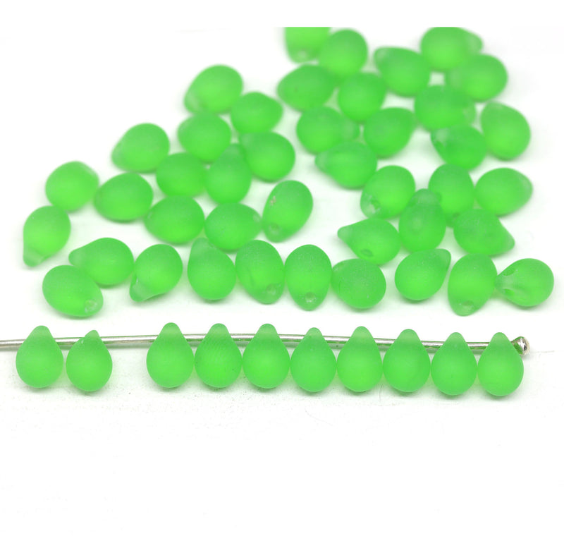 5x7mm Frosted green glass drops, seaglass czech teardrop beads, 50pc