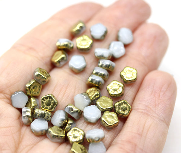 6mm White daisy flower czech glass beads, Gold coating