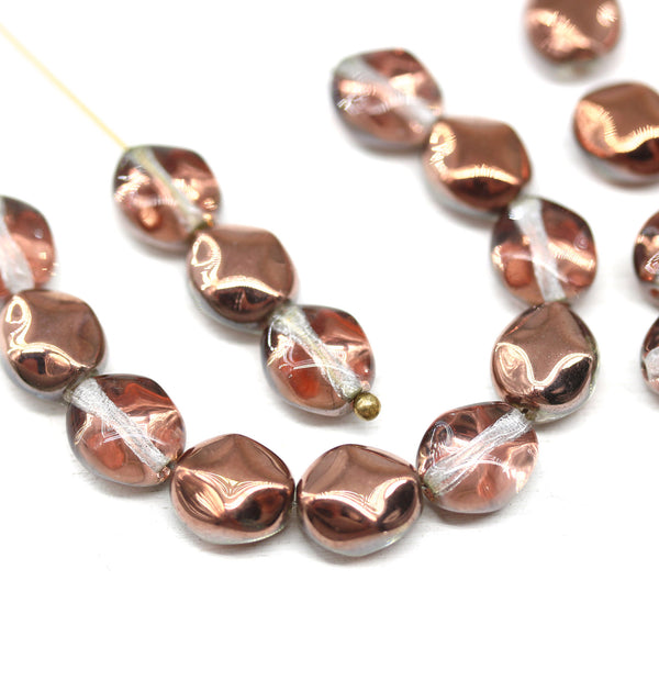 9x8mm Crystal clear copper coating flat oval wavy czech glass beads, 20Pc