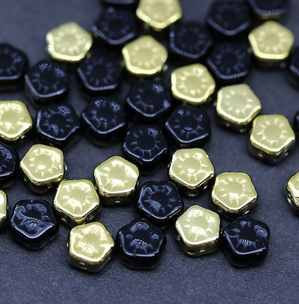 6mm Black daisy flower czech glass beads, Gold coating