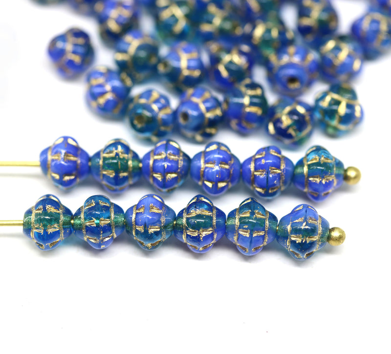 6mm Blue fancy bicone gold wash Czech glass pressed beads, 50pc