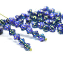 6mm Blue fancy bicone gold wash Czech glass pressed beads, 50pc