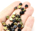 6mm Black daisy flower czech glass beads, Gold coating