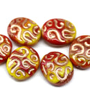 17x14mm Yellow red flat oval wavy czech glass beads, Copper inlays