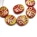17x14mm Yellow red flat oval wavy czech glass beads, Copper inlays