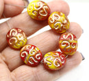 17x14mm Yellow red flat oval wavy czech glass beads, Copper inlays
