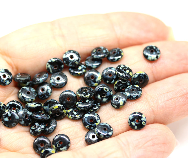 6mm Black czech glass rondelle spacer beads, picasso coating, 50pc