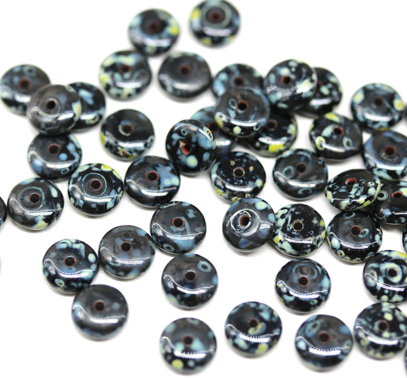 6mm Black czech glass rondelle spacer beads, picasso coating, 50pc