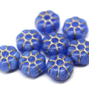 12mm Blue puffy pansy flower czech glass, Silver inlays