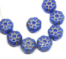 12mm Blue puffy pansy flower czech glass, Silver inlays
