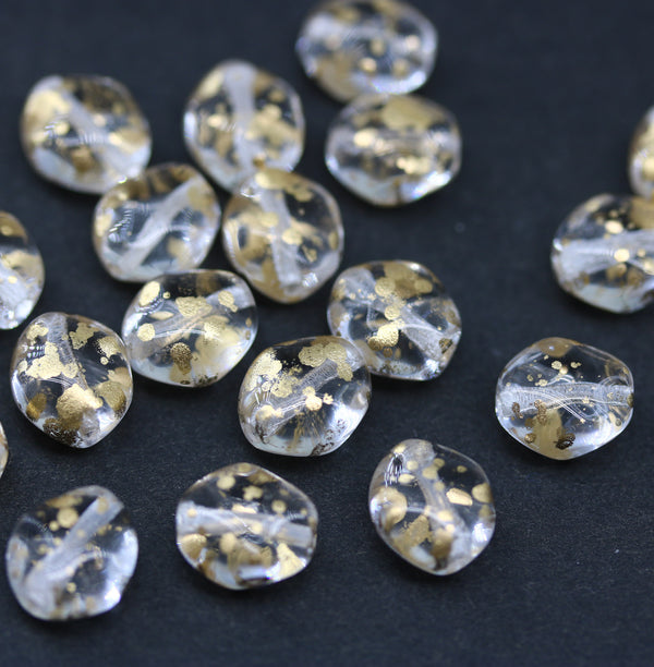 9x8mm Crystal clear golden flakes flat oval wavy czech glass beads, 20Pc