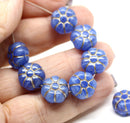 12mm Blue puffy pansy flower czech glass, Silver inlays