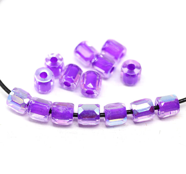 Bright purple czech glass fire polished barrel beads big hole 15pc