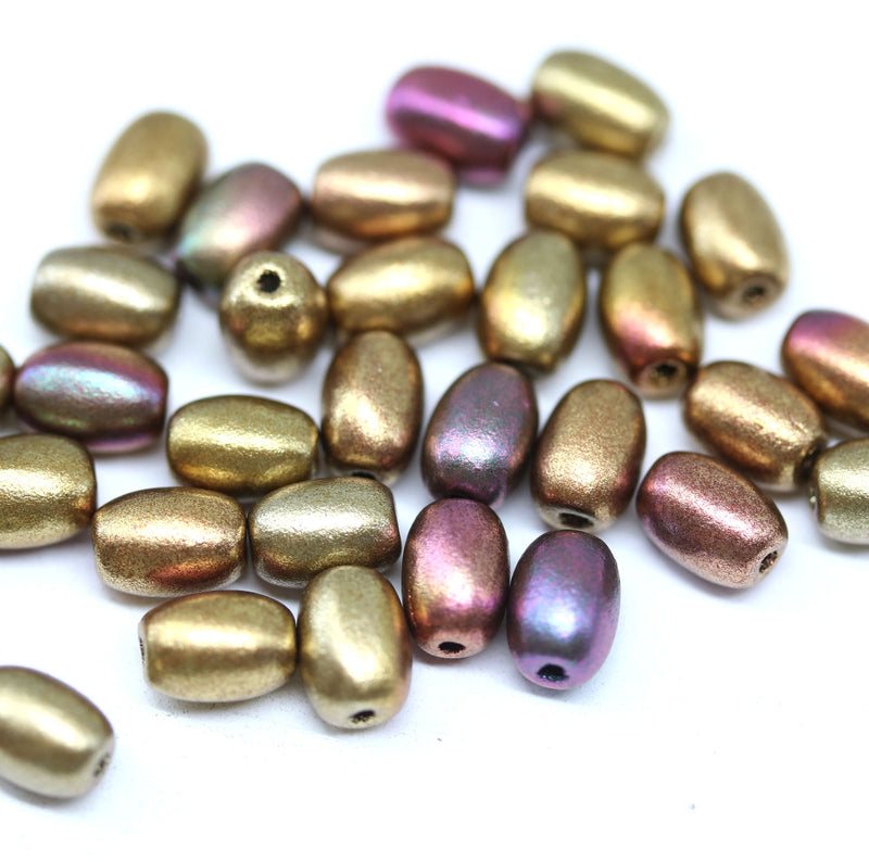 7x5mm Gold metallic czech glass rice oval beads mix - 50pc