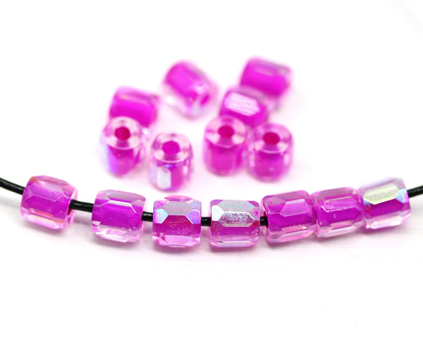 Bright pink czech glass fire polished barrel beads big hole 15pc