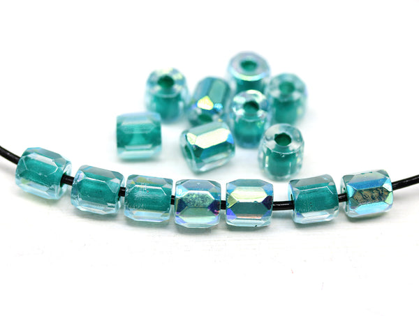 Teal green czech glass fire polished barrel beads big hole 15pc