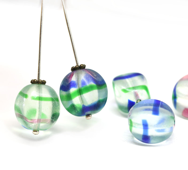 15mm Large blue green oval cube Czech glass beads, 4pc