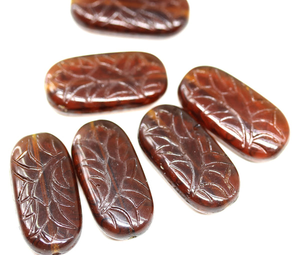 25x12mm Large oval dark brown flat czech glass beads with ornament - 6pc