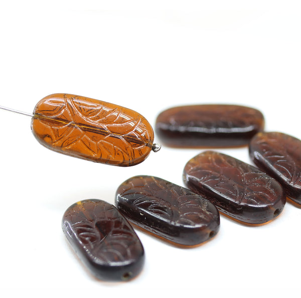25x12mm Large oval dark brown flat czech glass beads with ornament - 6pc