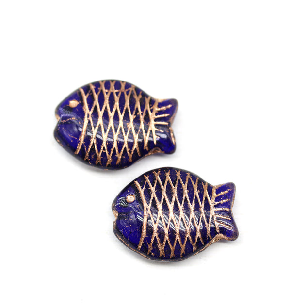 2Pc Large fish beads Dark blue Czech glass animal pressed beads