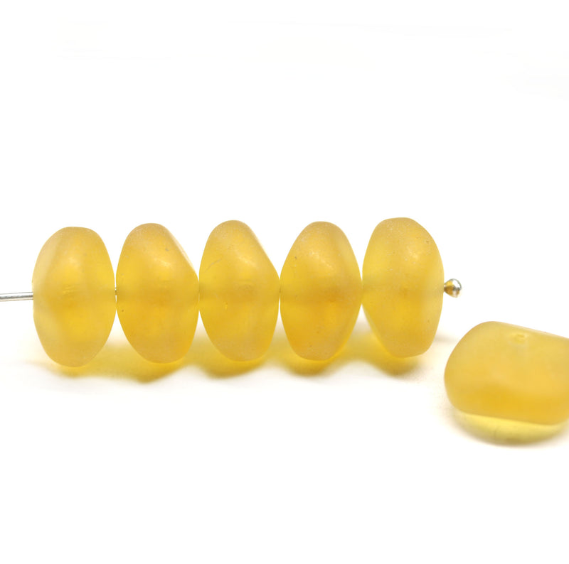 9x14mm Frosted yellow puffy rondels Czech glass beads - 6Pc