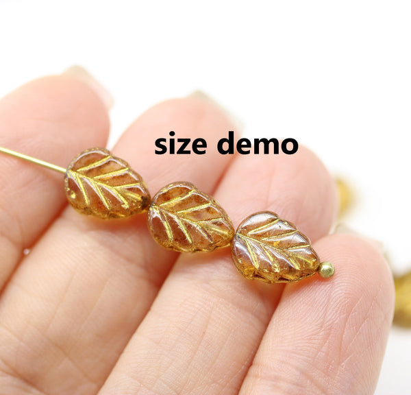 10x8mm Montana blue leaf Czech glass beads copper inlays 15pc