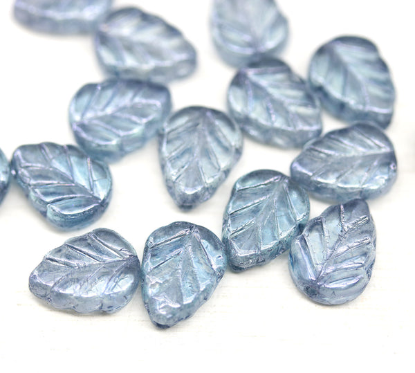 10x8mm Montana blue leaf Czech glass beads copper inlays 15pc