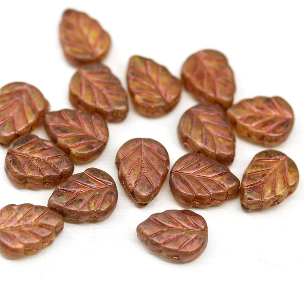 10x8mm Brown leaf Czech glass beads copper inlays 15pc