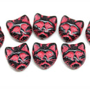 Black cat head beads with pink wash, 10pc